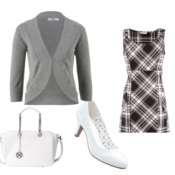 Outfit donna - Total look Bonprix. Stile Chic per Ufficio. Abbinamento con vestiti, catena bianco, décolleté.