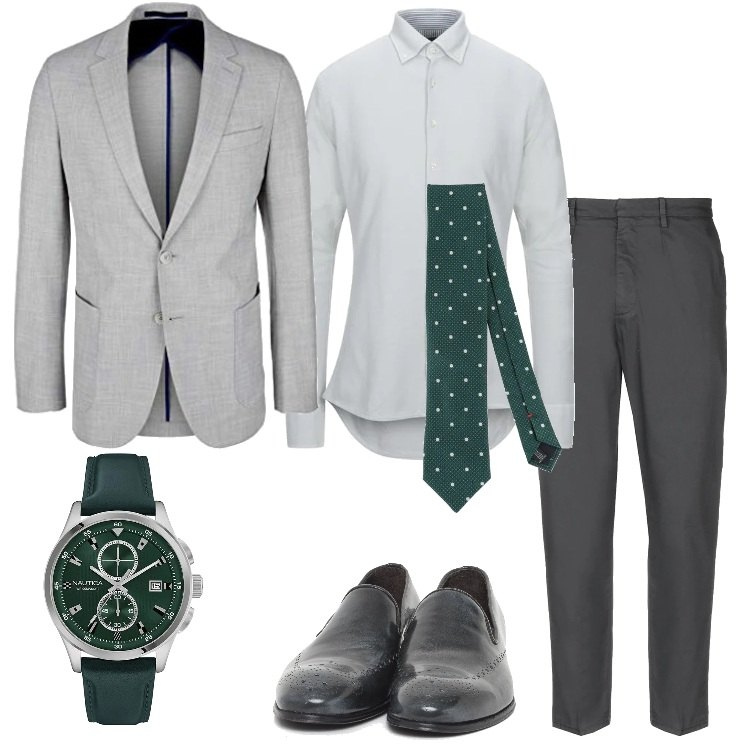 Outfit uomo - Grigio per la cena di lavoro. Stile Business/Elegante per Serata speciale. Abbinamento con pantaloni, cravatte, camicie, scarpe stringate, orologi, giacche.