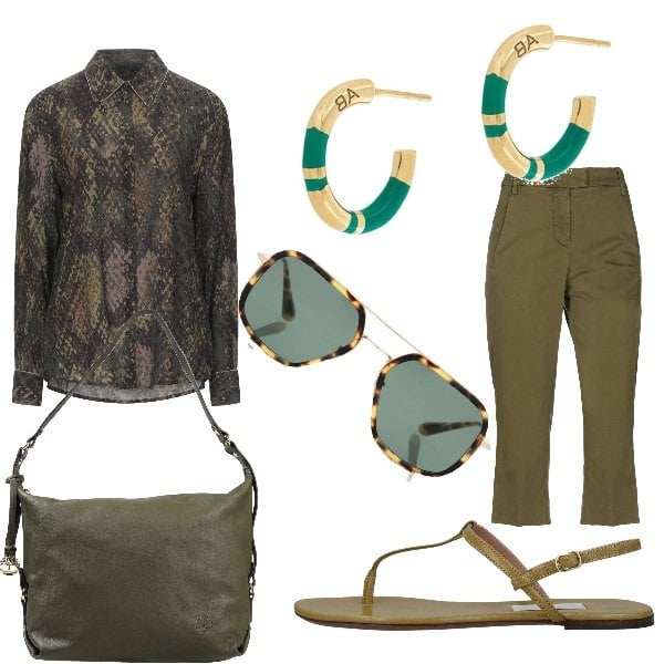 Outfit donna - Pantalone capri+scarpa flat. Stile Urban per Tutti i giorni. Abbinamento con pantaloni capri, infradito, camicie, borse a mano, orecchini, occhiali da sole.