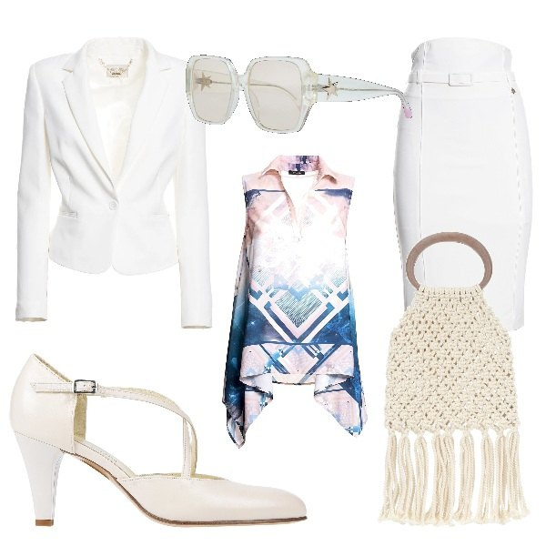 Outfit donna - TREND: Frange. Stile Chic per Cerimonia. Abbinamento con décolleté, gonne lunghe, bluse, blazer, shopping bag, occhiali da sole.