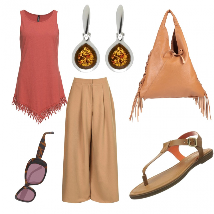 Outfit donna - Esco a fare la spesa. Stile Etnico per Tutti i giorni. Abbinamento con top, borse a spalla, pantaloni a palazzo, sandali, orecchini, occhiali da sole.