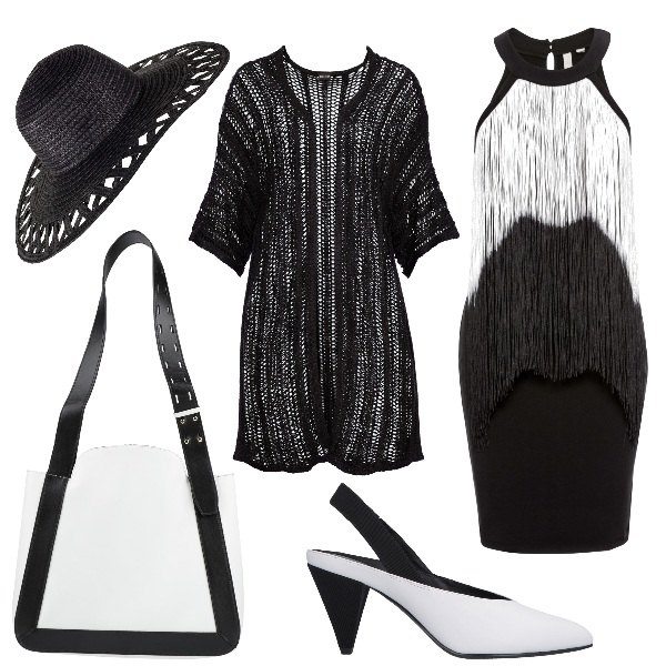 Outfit donna - Bianco e nero al mare. Stile Basic per Tutti i giorni. Abbinamento con cardigans, vestiti, cappelli, décolleté, borse a spalla.