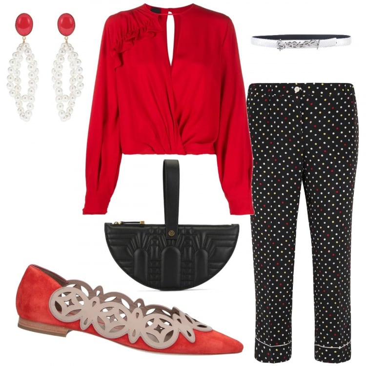 Outfit donna - Le Ballerine e i Pois. Stile Urban per Serata fuori. Abbinamento con ballerine, pantaloni capri, cinture, bluse, clutch, orecchini.