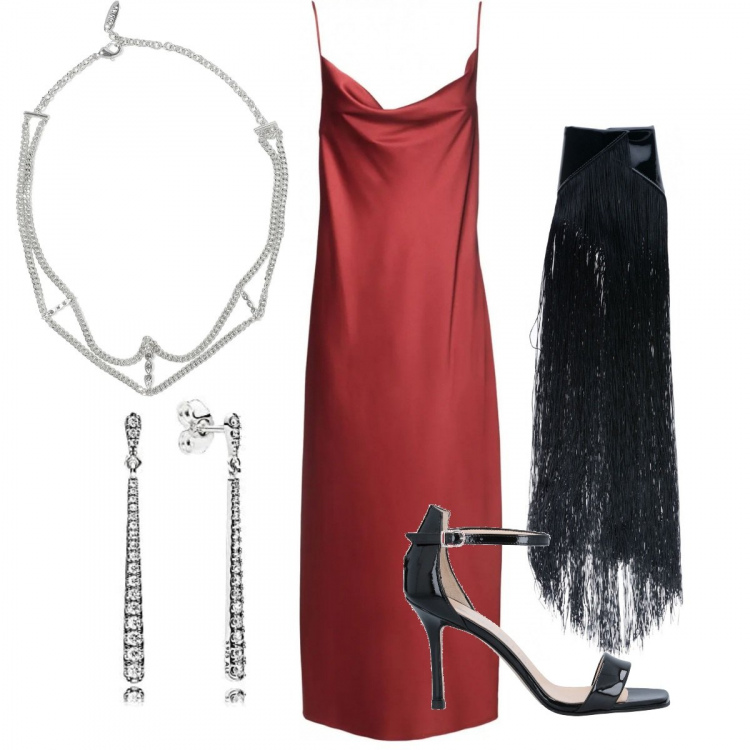 Outfit donna - Le frange alla Carrie. Stile Chic per Cerimonia. Abbinamento con borse a mano, sandali col tacco, collane, vestiti midi/longuette, orecchini.