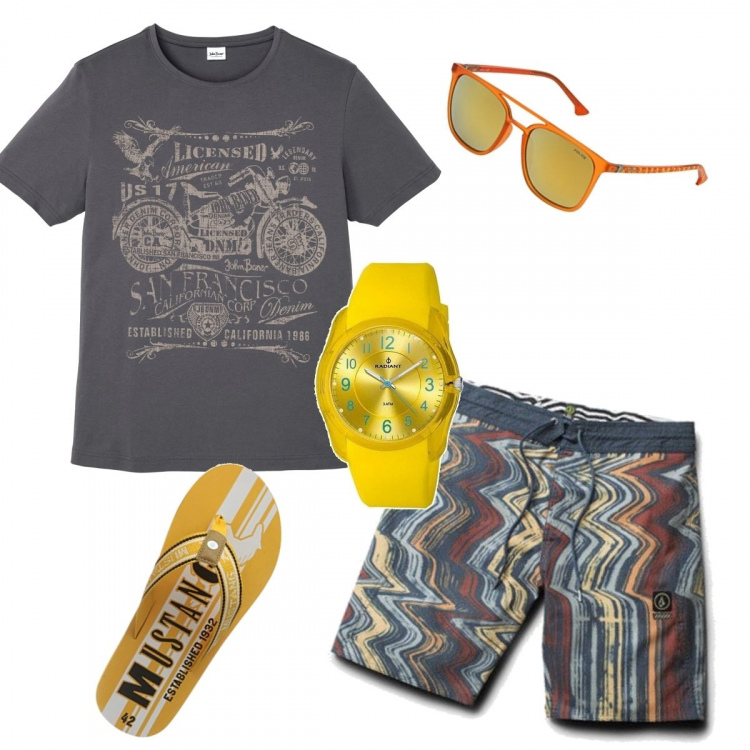 Outfit uomo - Alternanza. Stile Casual per Mare. Abbinamento con t-shirt, costumi, orologi, occhiali da sole, sandali.