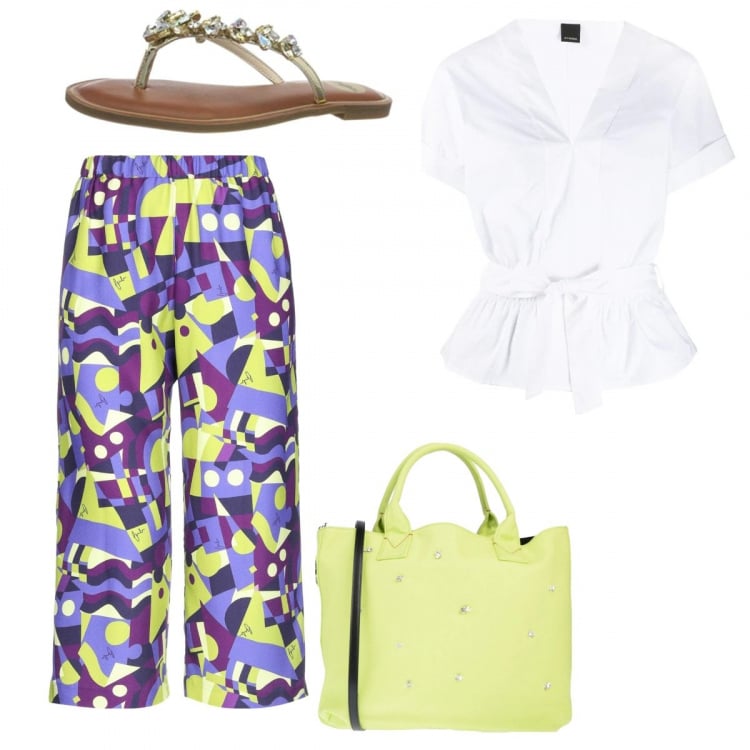 Outfit donna - Trendy #58480. Stile Trendy per Tutti i giorni. Abbinamento con pantaloni capri, borse a mano, bluse, infradito.