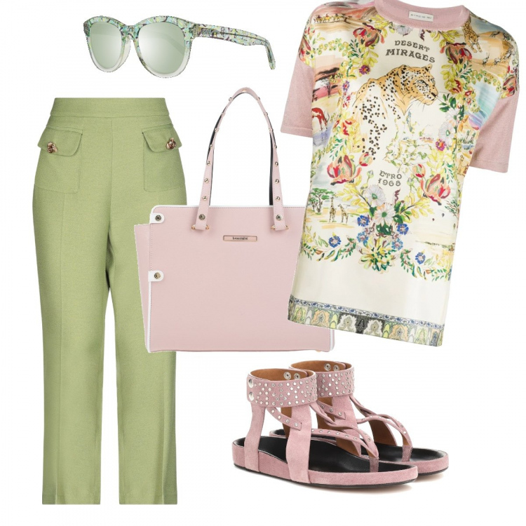 Outfit donna - Charme. Stile Chic Abbinamento con pantaloni capri, borse a mano, top, infradito, occhiali da sole.