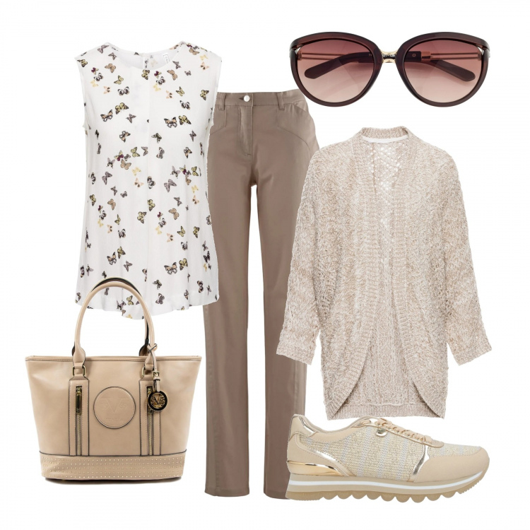 Outfit donna - Benvenuto settembre. Stile Urban per Tutti i giorni. Abbinamento con top, occhiali da sole, cardigans, pantaloni, sneakers, borse a mano.