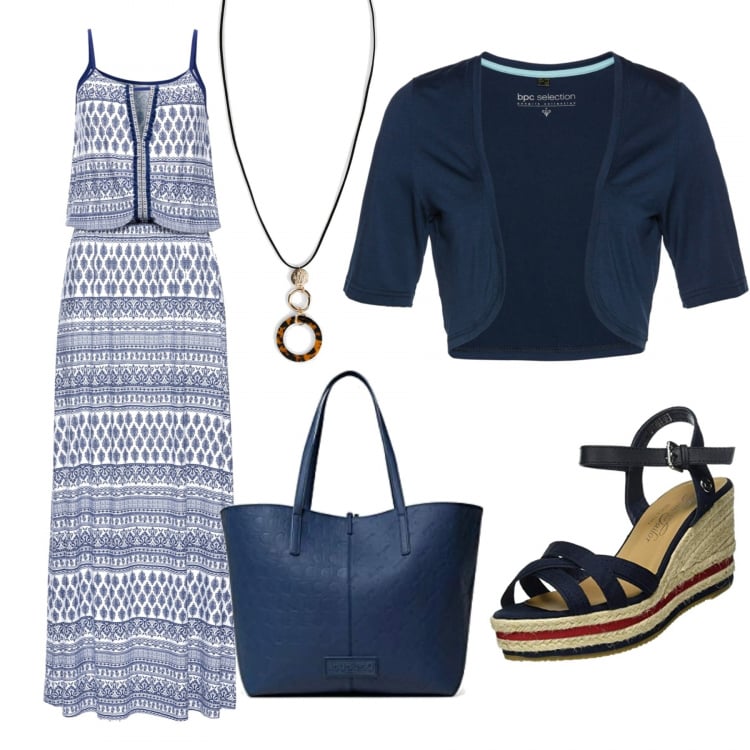 Outfit donna - #Curvy Una passeggiata nel Blu. Stile Etnico per Tutti i giorni. Abbinamento con blazer, felpe con cappuccio, collane, shopping bag, sandali.