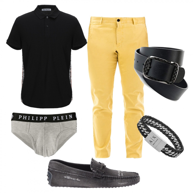 Outfit uomo - A cena con i colleghi. Stile Casual per Ufficio. Abbinamento con braccialetti, polo, slip, cinture, pantaloni, scarpe stringate.