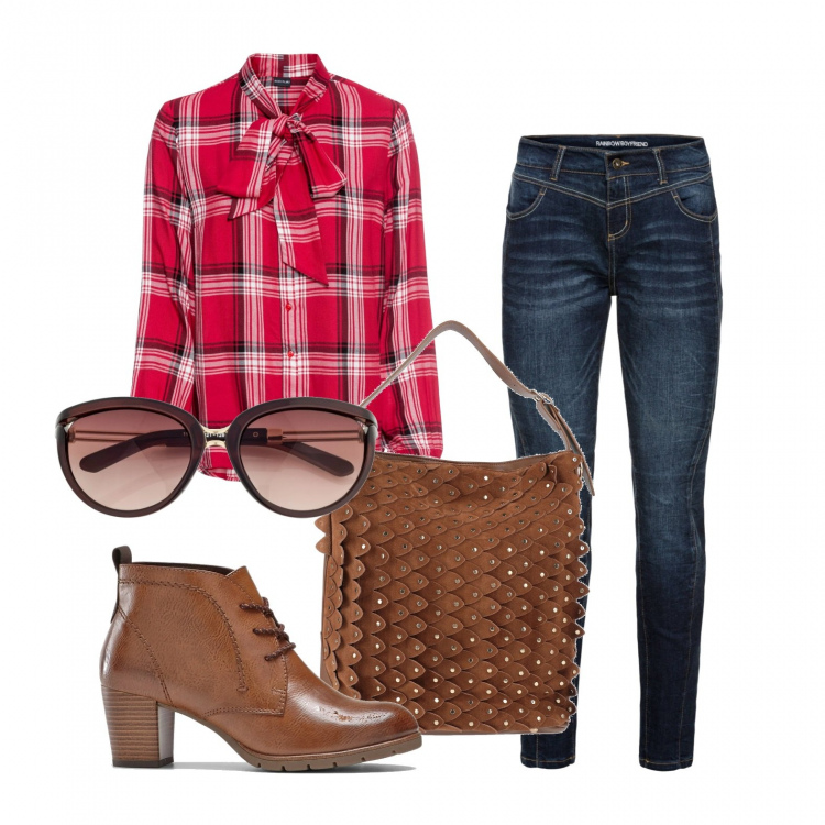 Outfit donna - Country chic. Stile Trendy per Tutti i giorni. Abbinamento con jeans boyfriend, occhiali da sole, camicie, stivaletti, borse a mano.