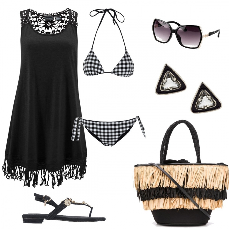Outfit donna - Chic in spiaggia. Stile Trendy per Mare. Abbinamento con vestiti da spiaggia, occhiali da sole, bikini, infradito, borse tote, orecchini.
