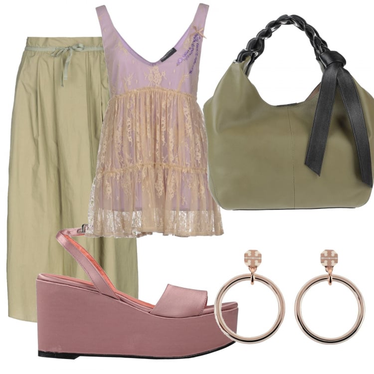 Outfit donna - Chic #31478. Stile Chic per Tutti i giorni. Abbinamento con top, gonne longuette, borse a mano, sandali col tacco, orecchini.