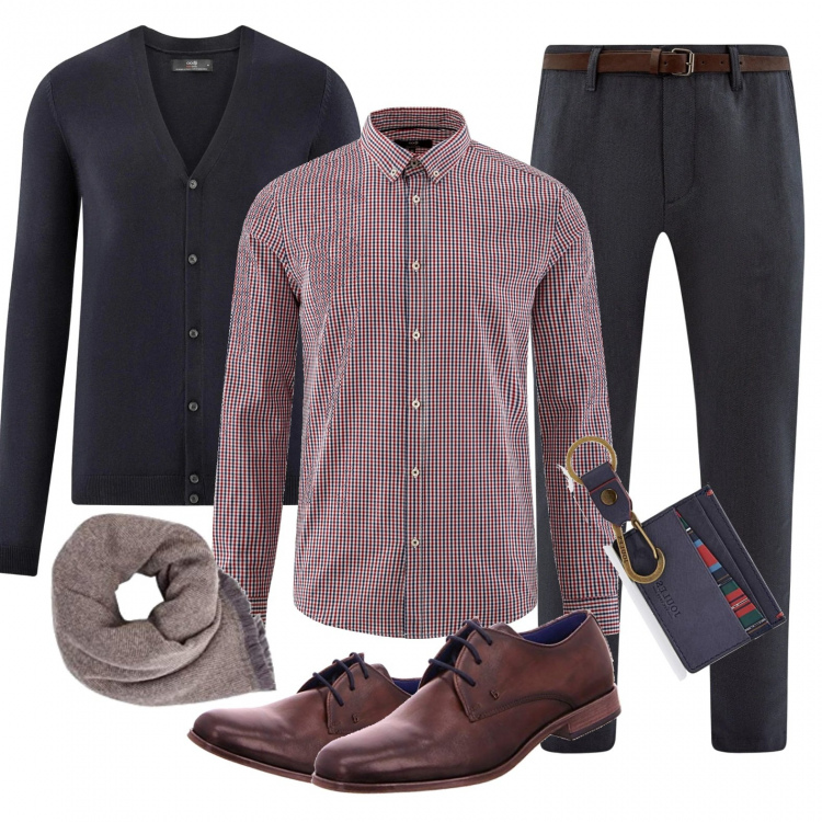 Outfit uomo - Blue&brown low cost. Stile Business/Elegante per Ufficio. Abbinamento con camicie, cardigans, pantaloni chino, scarpe stringate, portafogli, sciarpe.