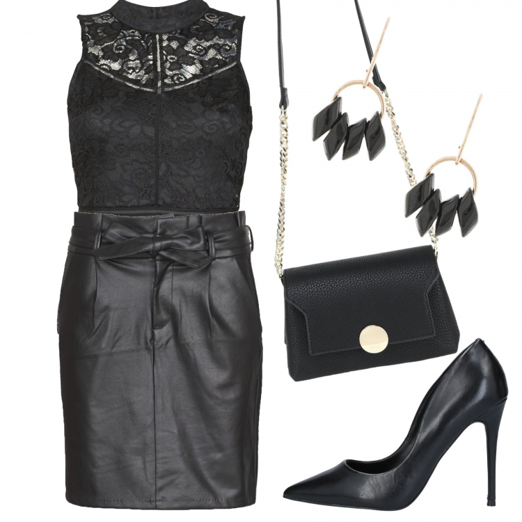 Outfit mujer - Sexy #7717. Estilo Sexy para Noche/Fiesta elegante. Combinación con blusas, faldas, salones, bolsos de hombro, pendientes.