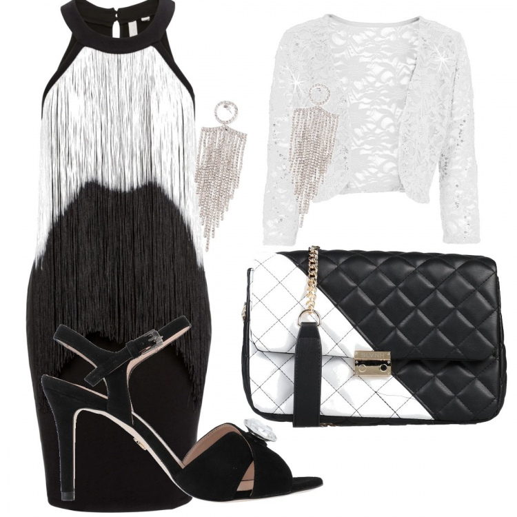 Outfit donna - Frange e pizzo. Stile Trendy per Serata fuori. Abbinamento con borse a spalla, sandali col tacco, borse a secchiello, bolero, orecchini.