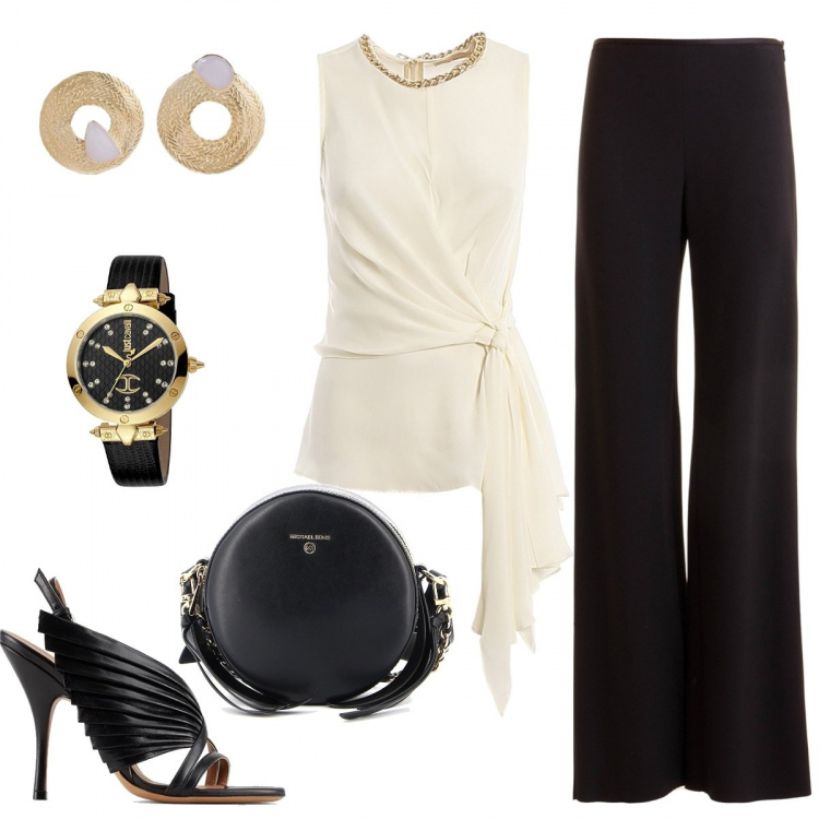 Outfit donna - Chic. Stile Chic per Tutti i giorni. Abbinamento con orecchini, top, pantaloni a palazzo, sandali col tacco, borse a spalla, orologi.