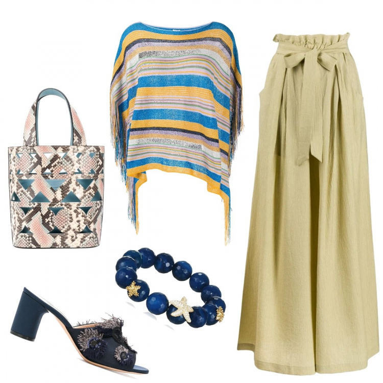 Outfit donna - Chic. Stile Chic per Tutti i giorni. Abbinamento con cappotti, pantaloni, sandali col tacco, borse a secchiello, canottiere, braccialetti.