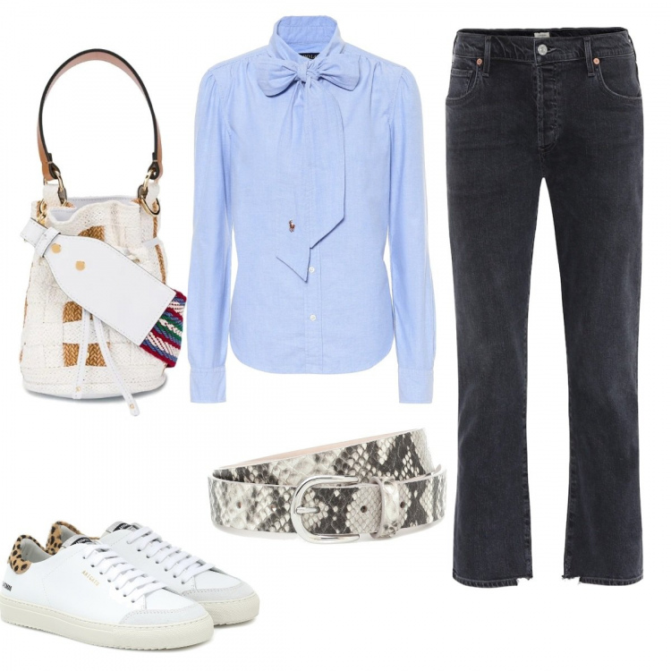 Outfit donna - Basic. Stile Basic per Ufficio. Abbinamento con borse a secchiello, sneakers alte, camicie, cinture, jeans dritti.