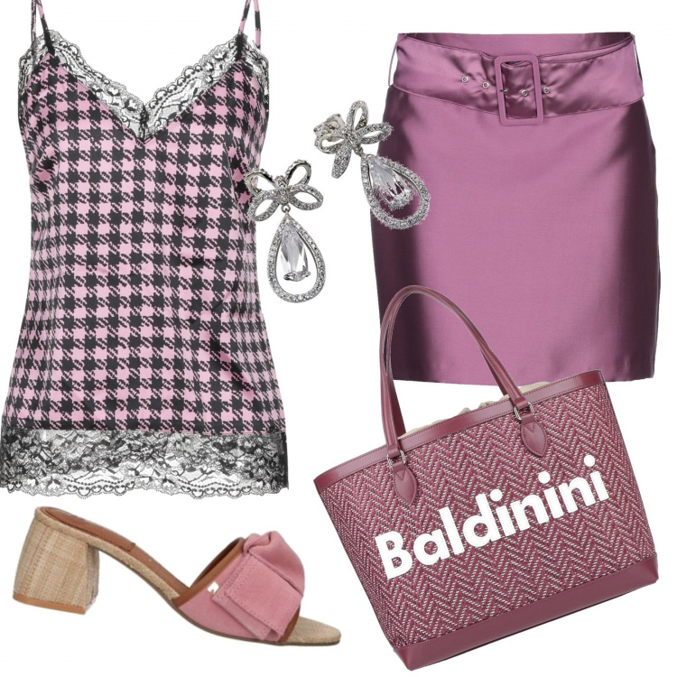 Outfit mujer - Falda y top de encaje. Estilo Chic para Noche/Fiesta elegante. Combinación con pendientes, chanclas, top, minifaldas, bolsos de mano.