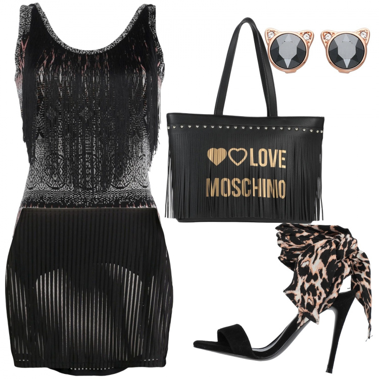 Outfit mujer - Flecos! ;. Estilo Sexy para Noche/Fiesta elegante. Combinación con top, faldas, sandalias romanas, bolsos de mano, pendientes.