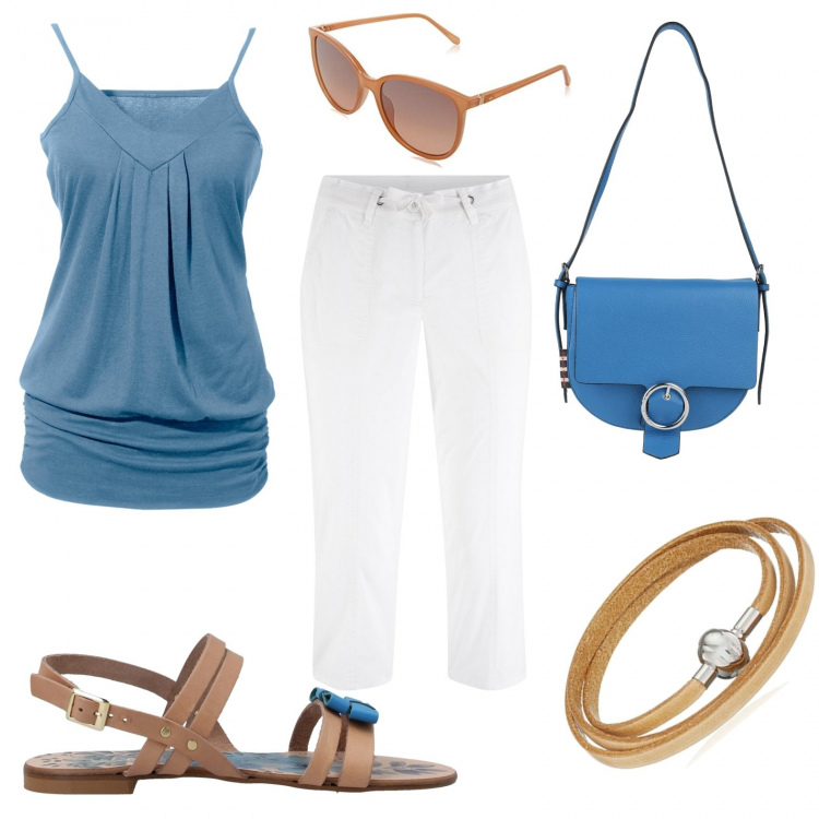 Outfit donna - Semplici dettagli. Stile Basic per Tutti i giorni. Abbinamento con top, pantaloni capri, sandali, borse a spalla, braccialetti, occhiali da sole.