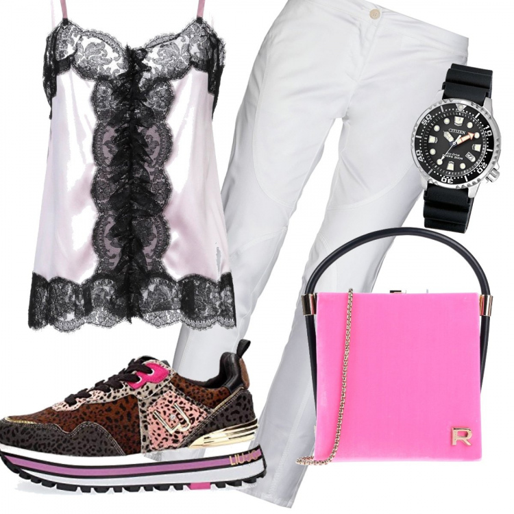 Outfit mujer - Mission encaje. Estilo Sexy para Todos los días. Combinación con relojes analógicos, zapatos deportivos, pantalones pitillo, camisetas sin mangas, bolsos de mano.