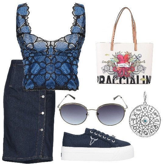 Outfit mujer - Urban #21154. Estilo Urban para Escuela/Universidad. Combinación con colgantes, gafas de sol, camisetas sin mangas, faldas, sneakers, bolsos de mano.