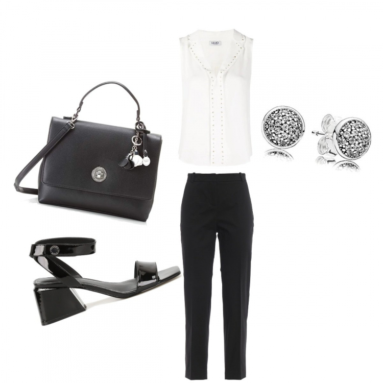 Outfit donna - Bon Ton #24651. Stile Bon Ton per Ufficio. Abbinamento con bluse, borse a secchiello, orecchini, sandali col tacco, pantaloni skinny.