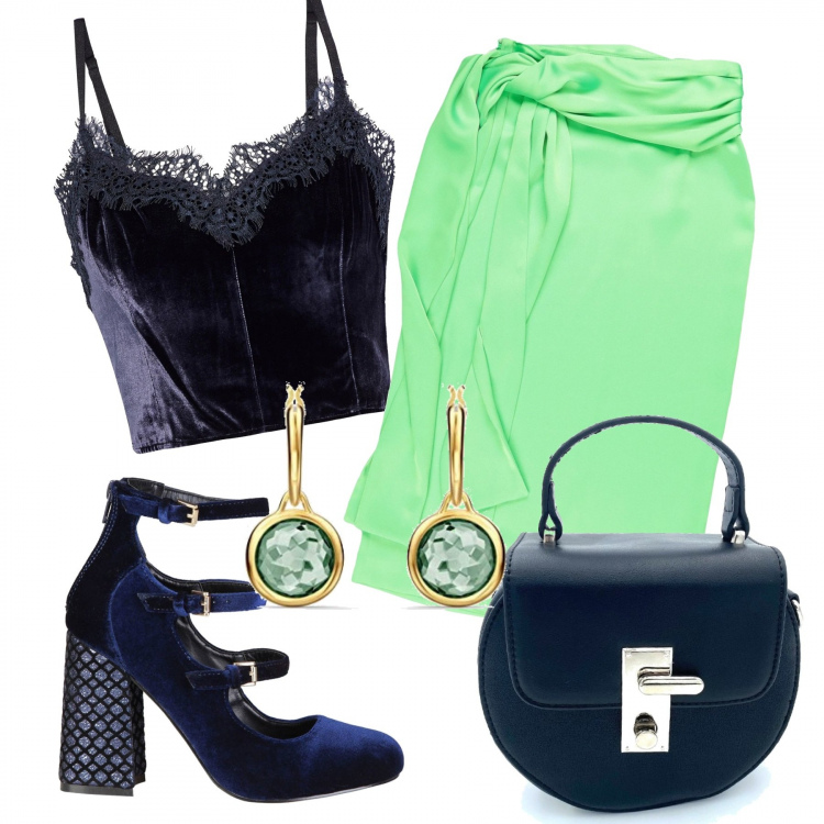 Outfit mujer - Sexy #7715. Estilo Sexy para Noche/Fiesta elegante. Combinación con pendientes, zapatos de tacón, bolsos de mano, top, falda longuette.