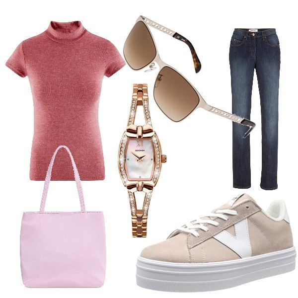 Outfit donna - look casual per il tempo libero. Stile Basic per Tutti i giorni. Abbinamento con jeans dritti, maglioni, sneakers, orologi, borse a mano, occhiali da sole.