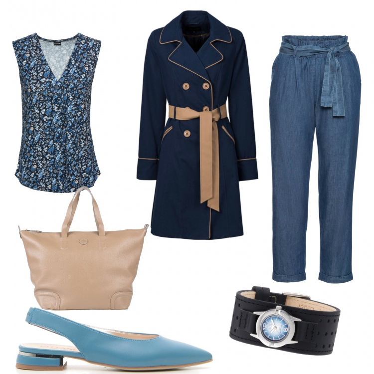 Outfit donna - Il bello del lunedì. Stile Bon Ton per Ufficio. Abbinamento con trench, pantaloni, top, borse a mano, sandali, orologi.