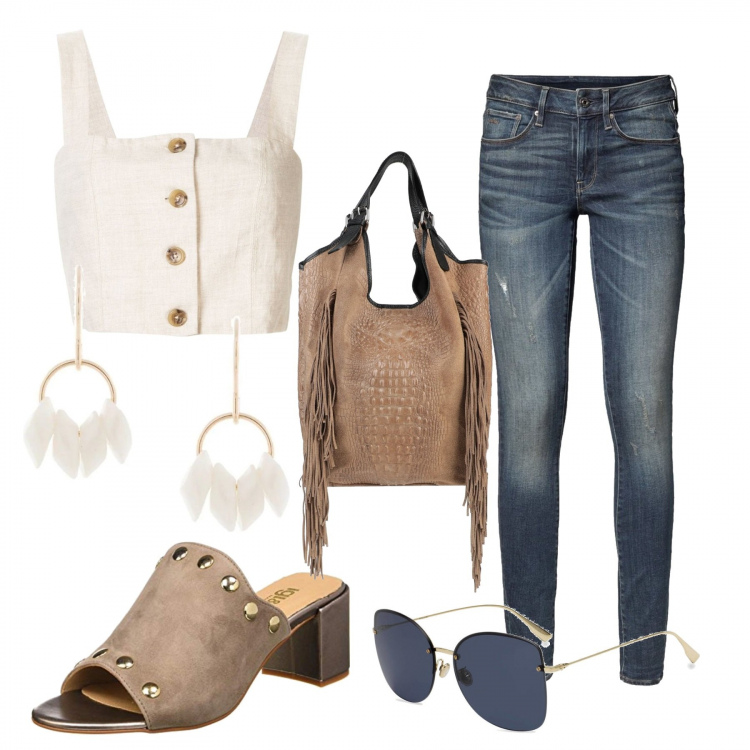 Outfit mujer - Boho. Estilo Étnico para Todos los días. Combinación con sandalias, vaqueros pitillo, gafas de sol, bolsos de mano, pendientes, blusas.