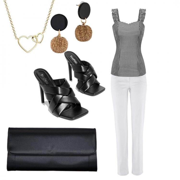 Outfit donna - Sexy, apericena in piazzetta. Stile Sexy per Serata fuori. Abbinamento con pantaloni, orecchini, sabot, vestiti senza maniche, pochette, collane.
