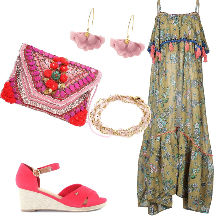 Outfit mujer - Vestido con flecos. Estilo Trendy para Todos los días. Combinación con pulseras, sandalias, vestidos largos, bolsos de hombro, pendientes.