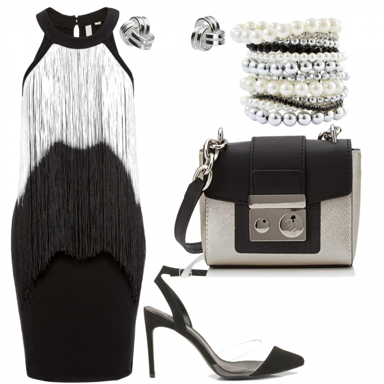 Outfit donna - Anni ruggenti. Stile Sexy per Cerimonia. Abbinamento con borse a secchiello, braccialetti, décolleté, borse a tracolla, orecchini.