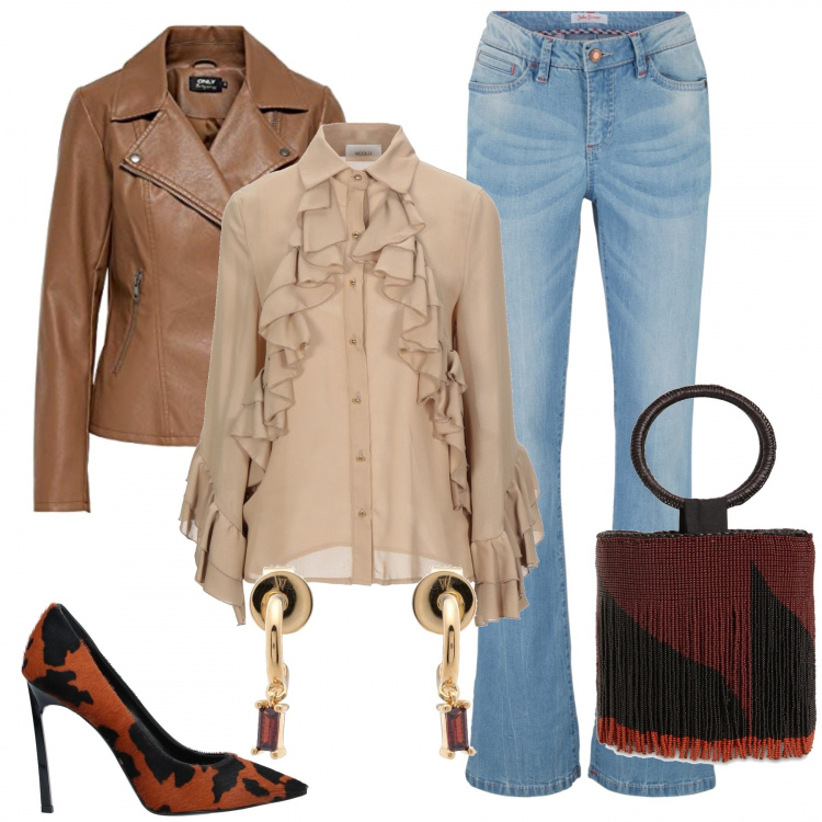 Outfit donna - Pensando a settembre. Stile Urban per Tutti i giorni. Abbinamento con jeans bootcut, camicie, décolleté, orecchini, blazer, borse a secchiello.