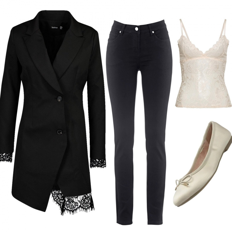 Outfit donna - Comoda e trendy. Stile Trendy per Tutti i giorni. Abbinamento con jeans dritti, top, vestiti, ballerine.