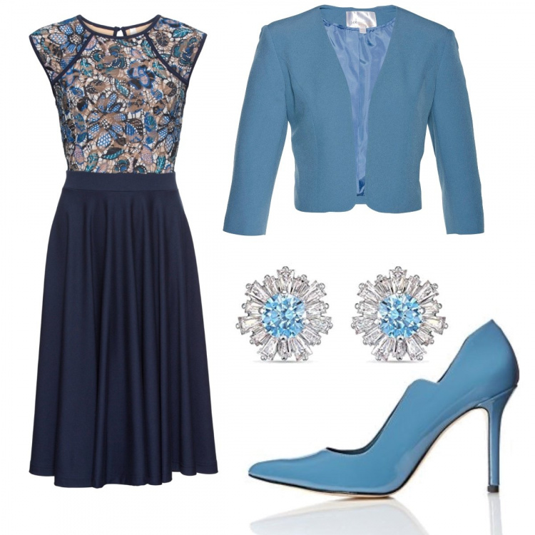 Outfit donna - Riunione plenaria. Stile Bon Ton per Ufficio. Abbinamento con vestiti midi/longuette, bolero, décolleté, orecchini.