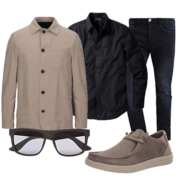 Outfit uomo - In ufficio. Stile Casual per Ufficio. Abbinamento con camicie, giacche, sneakers, occhiali da sole, jeans skinny.