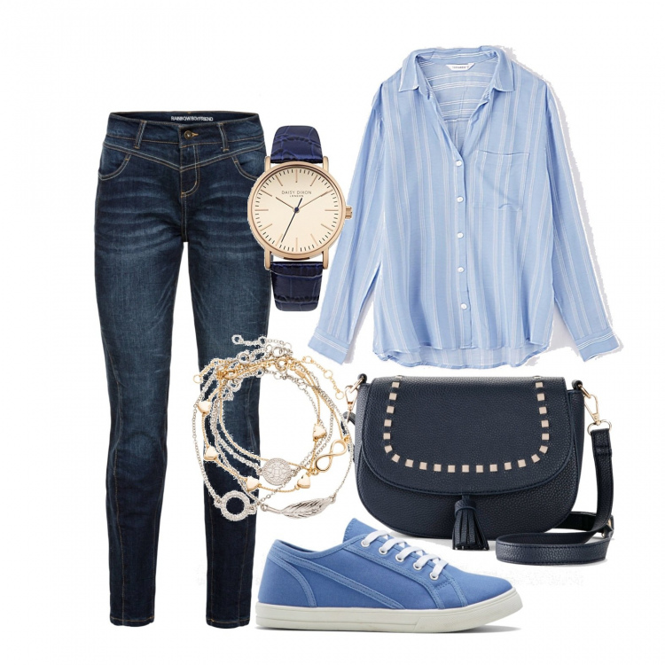 Outfit donna - Casual trend. Stile Trendy per Tutti i giorni. Abbinamento con jeans boyfriend, braccialetti con ciondoli, sneakers, borse a spalla, camicie, orologi.