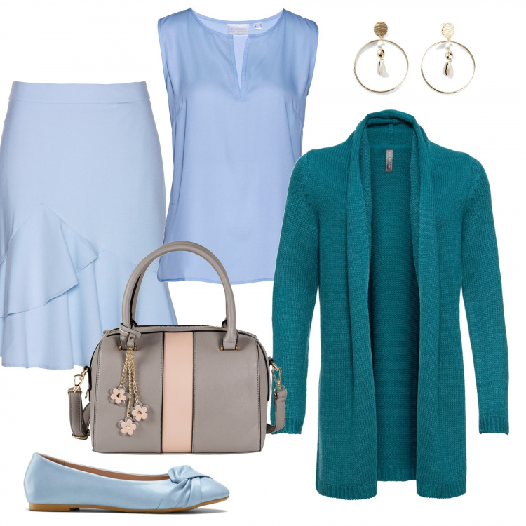 Outfit donna - Cardigan color petrolio (bon prix). Stile Bon Ton per Tutti i giorni. Abbinamento con cardigans, bluse, camicie, ballerine, borse a mano, orecchini.