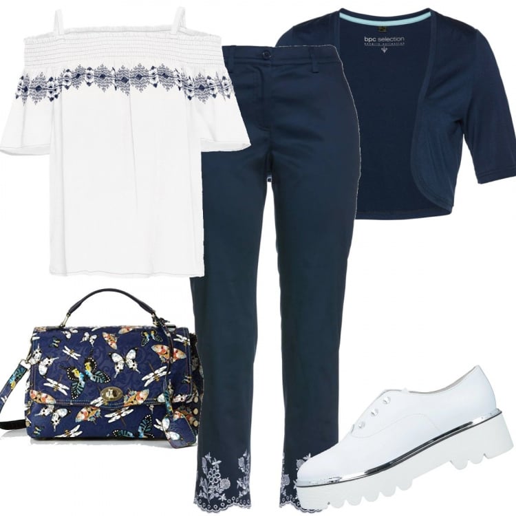 Outfit donna - Fine settimana insieme. per Tutti i giorni. look ideale per Tall. Abbinamento con mocassini, blazer, bluse, pantaloni capri, borse a secchiello.