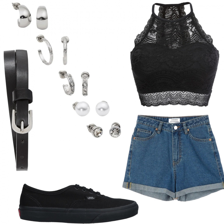 Outfit donna - Look estivo ragazza. Stile Basic per Tutti i giorni. Abbinamento con reggiseni, cinture, orecchini, sneakers, shorts.