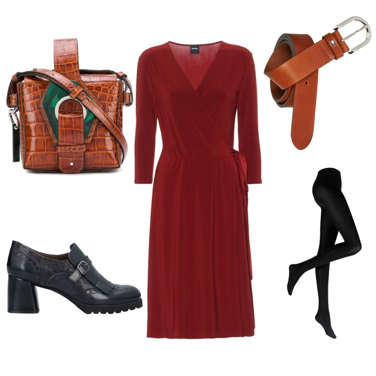 Outfit donna - Terra di siena. Stile Trendy per Ufficio. Abbinamento con collant, mocassini, cinture, borse a spalla, vestiti.