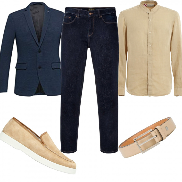 Outfit uomo - Semi elegante uomo. Stile Business/Elegante per Ufficio. Abbinamento con jeans dritti, scarpe stringate, cinture, giacche, camicie.