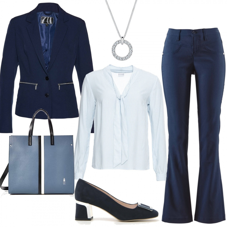 Outfit donna - Lo stile in... Blu. Stile Chic per Ufficio. Abbinamento con pantaloni, blazer, bluse, décolleté, borse a mano, collane.