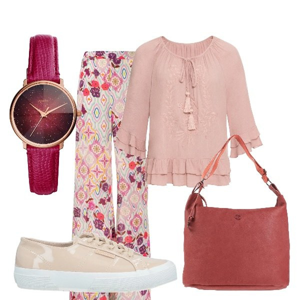 Outfit donna - Sui toni del rosa. Stile Trendy per Tutti i giorni. Abbinamento con tuniche, sneakers, borse a mano, orologi, pantaloni.