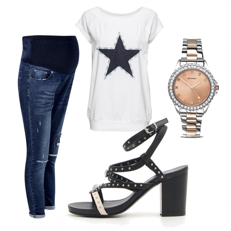 Outfit donna - Quanto manca?. Stile Basic per Tutti i giorni. look ideale per Premaman. Abbinamento con t-shirt, jeans strappati, sandali, orologi.