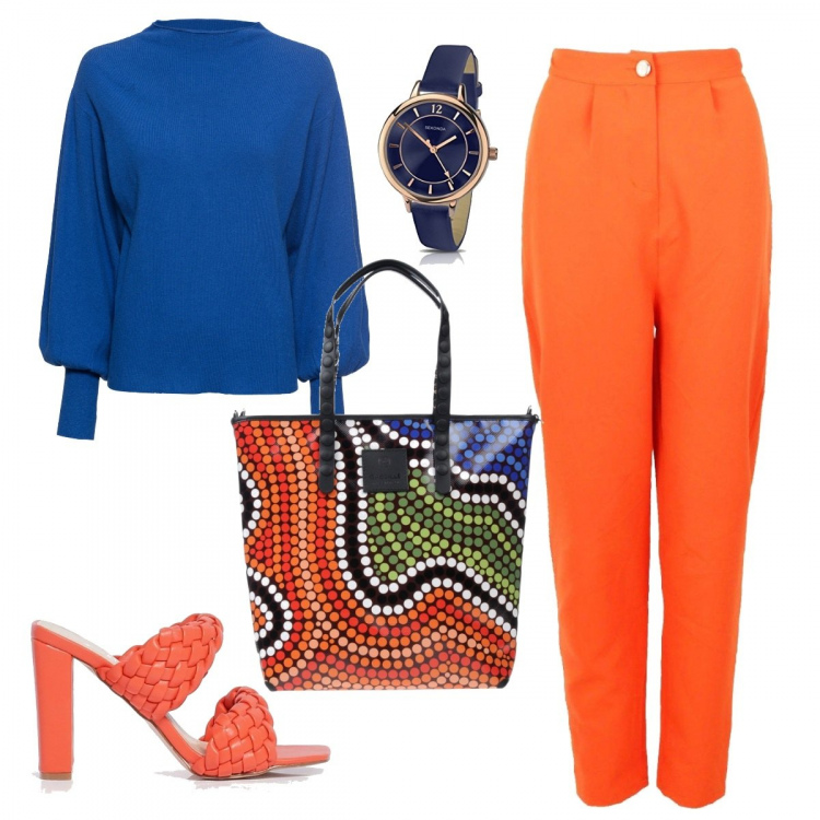 Outfit donna - Outfit degli ottimisti. Stile Trendy per Tutti i giorni. Abbinamento con maglieria, borse a mano, pantaloni, pantofole, orologi analogici.